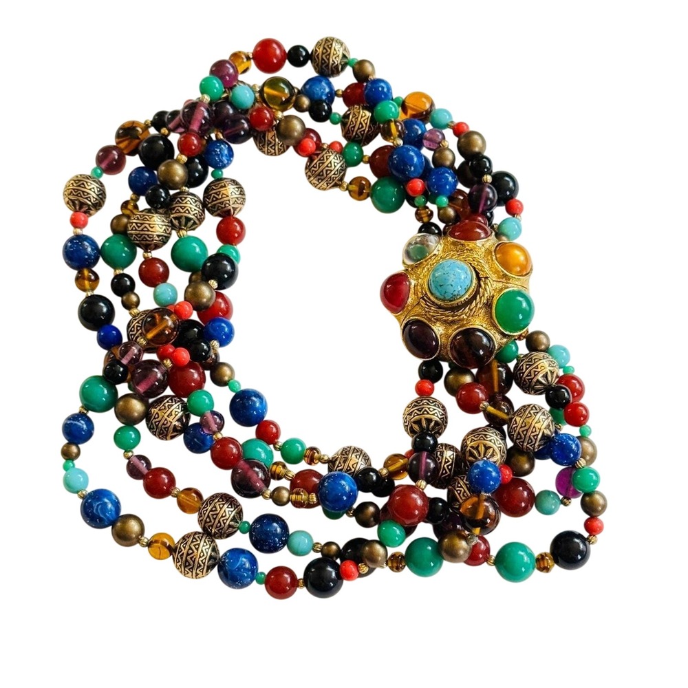 VTG‎ RJ Graziano Necklace Chunky Multi 5 Strand Runway Statement Cabochon Beaded